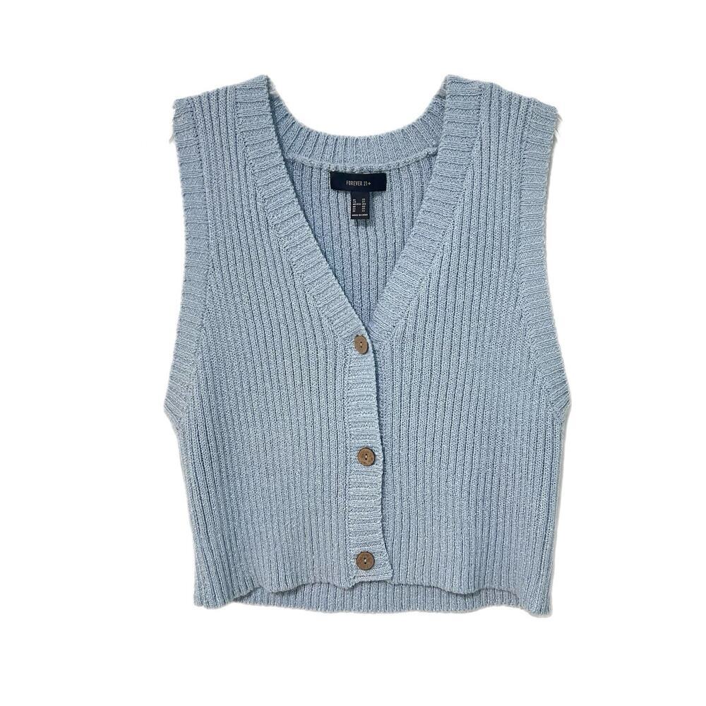 Sweater Vest Cropped Forever 21 Y2K Women’s Size 2X Blue V Neck Button Front
